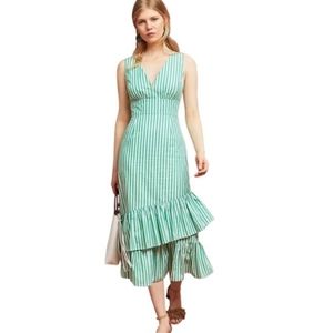 Anthropologie Tracy Reese Striped V-Neck Ruffle Midi Dress In Green Women's 2P